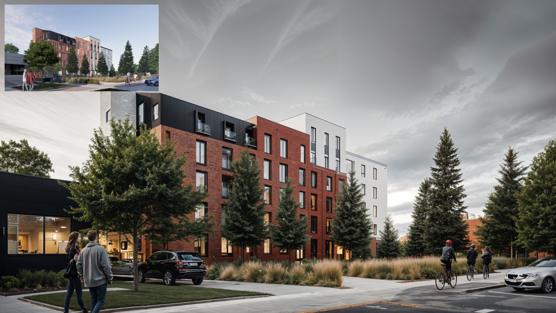 A modern apartment building, half white, half red brick, black cladding accents, lots of trees around, daylight