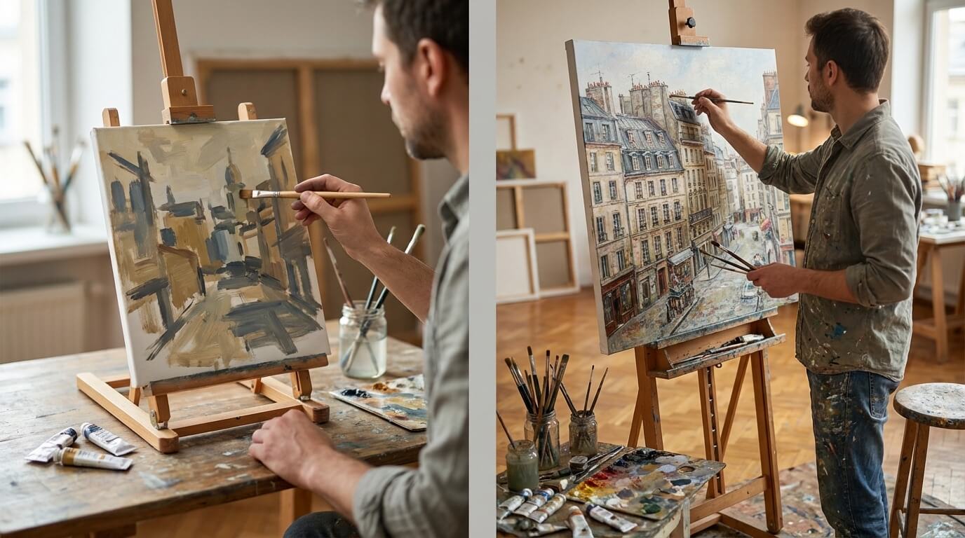 Two painters working side by side, one on small canvas, one on large canvas
