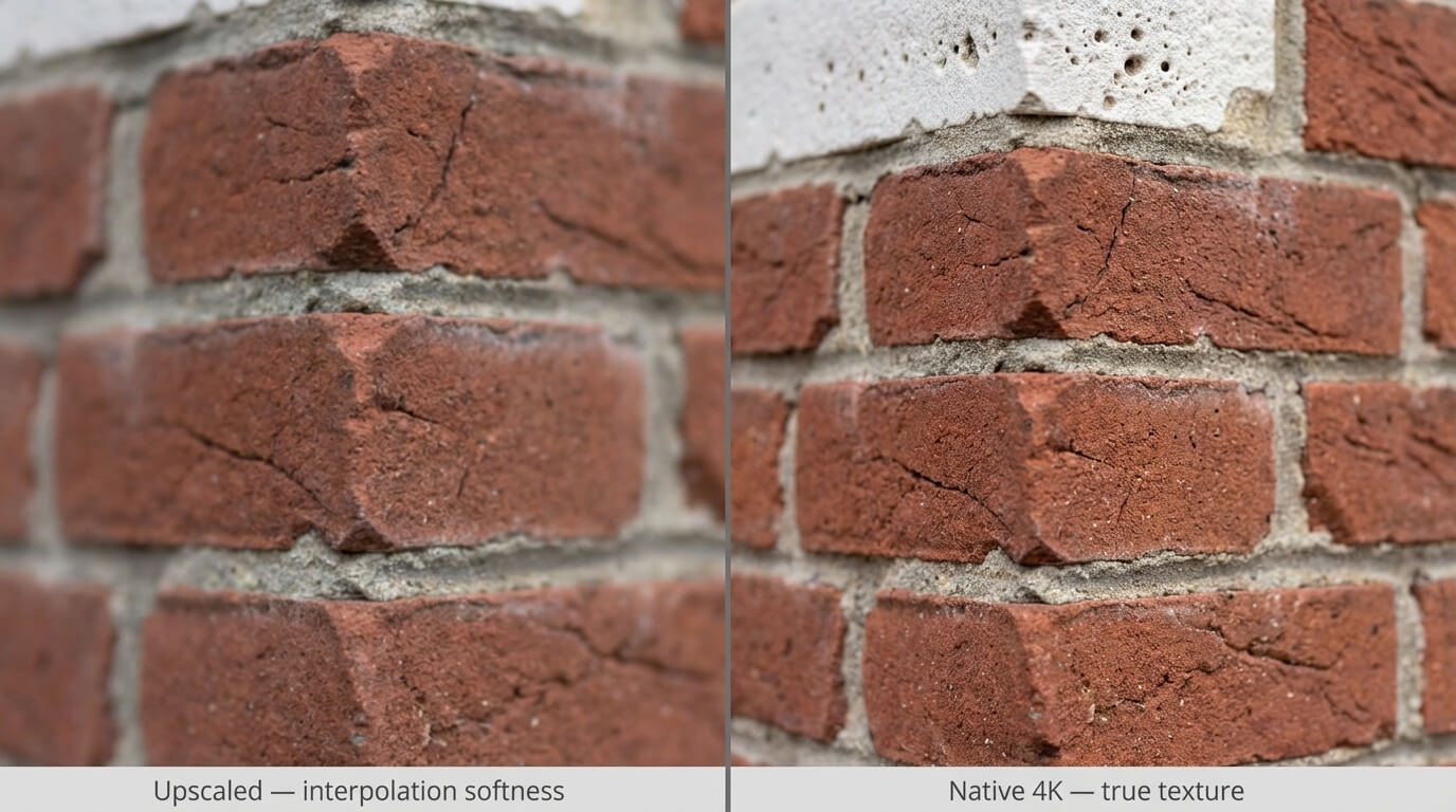 Close-up comparison showing upscaled architectural detail vs native 4K detail