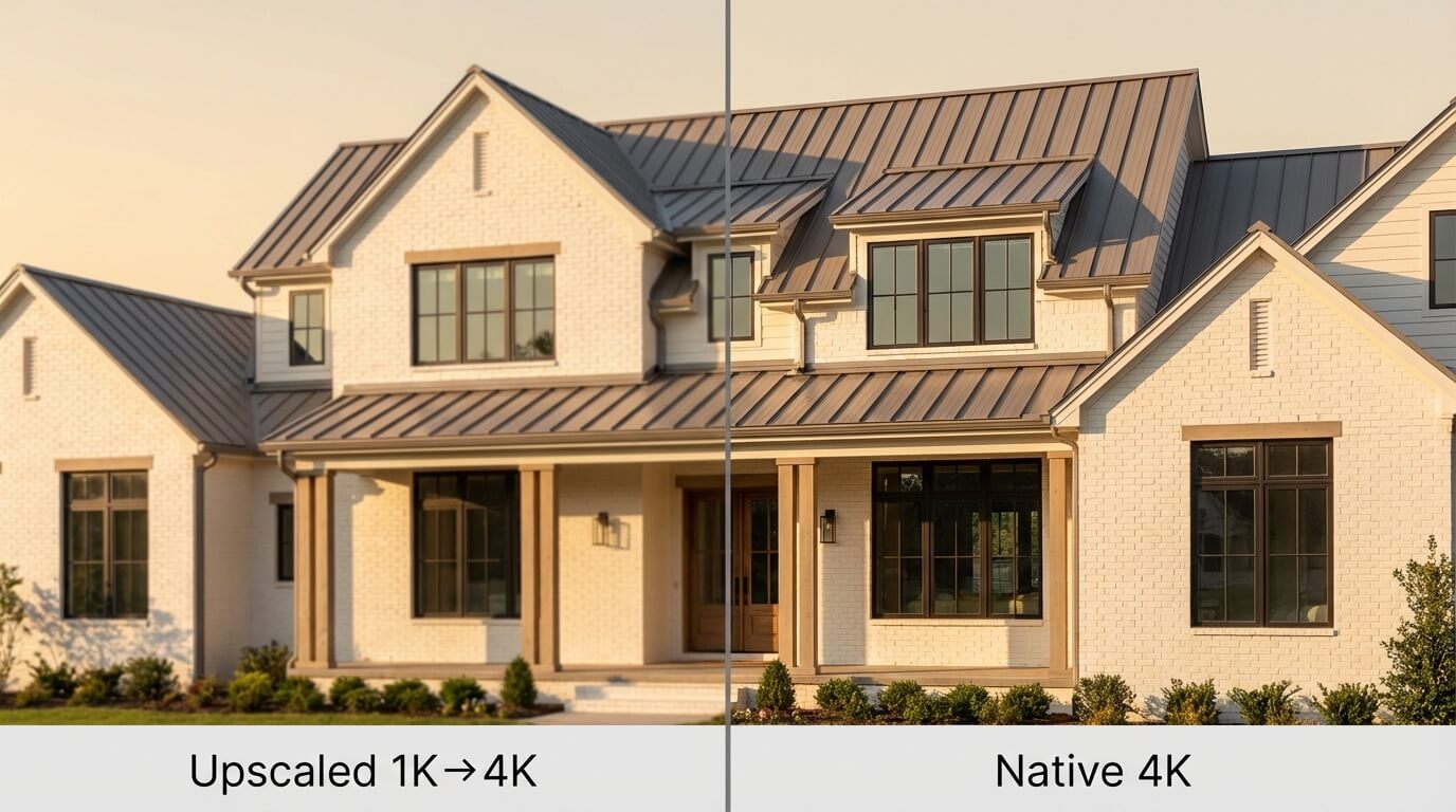 Split comparison showing upscaled vs native 4K of same architectural scene