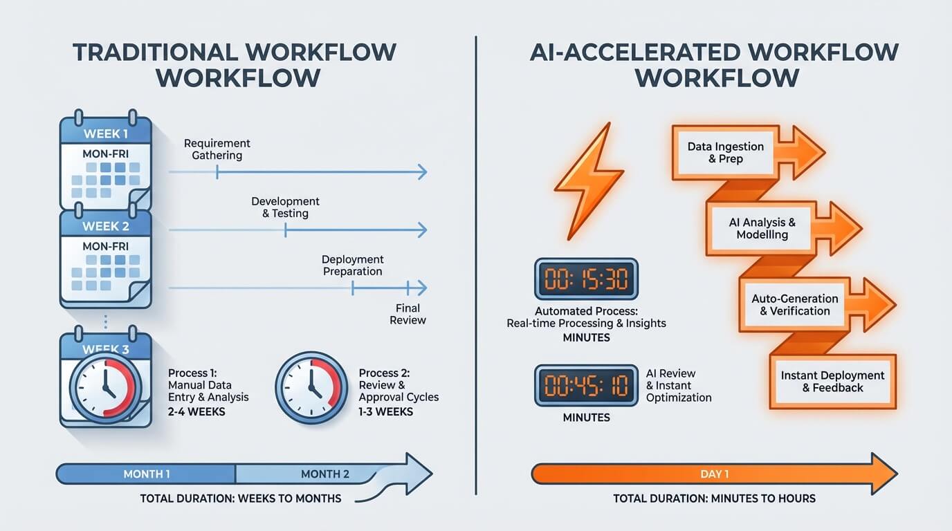 Before and after timeline showing traditional vs AI-accelerated design process