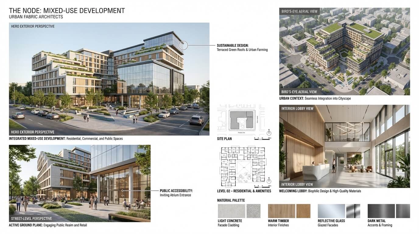 Competition presentation board showing AI-generated architectural visualizations