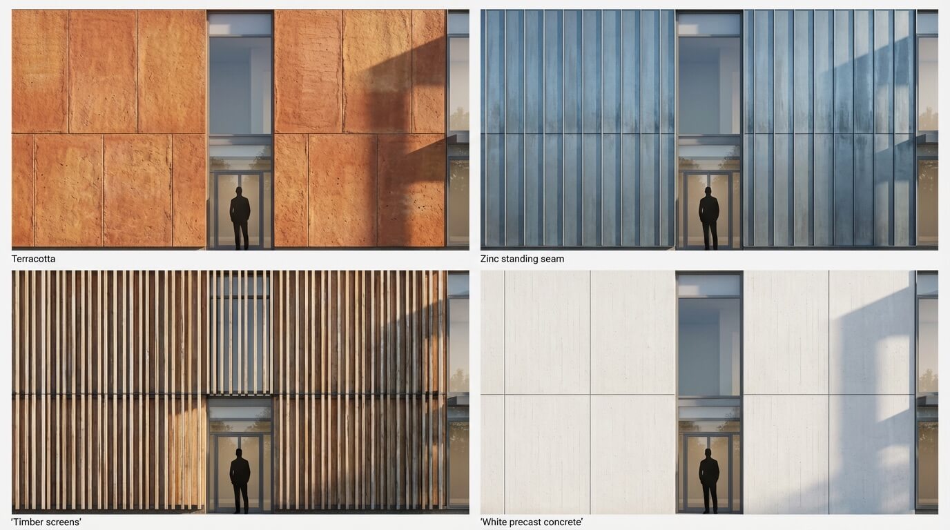 Material study grid showing same space with different finishes