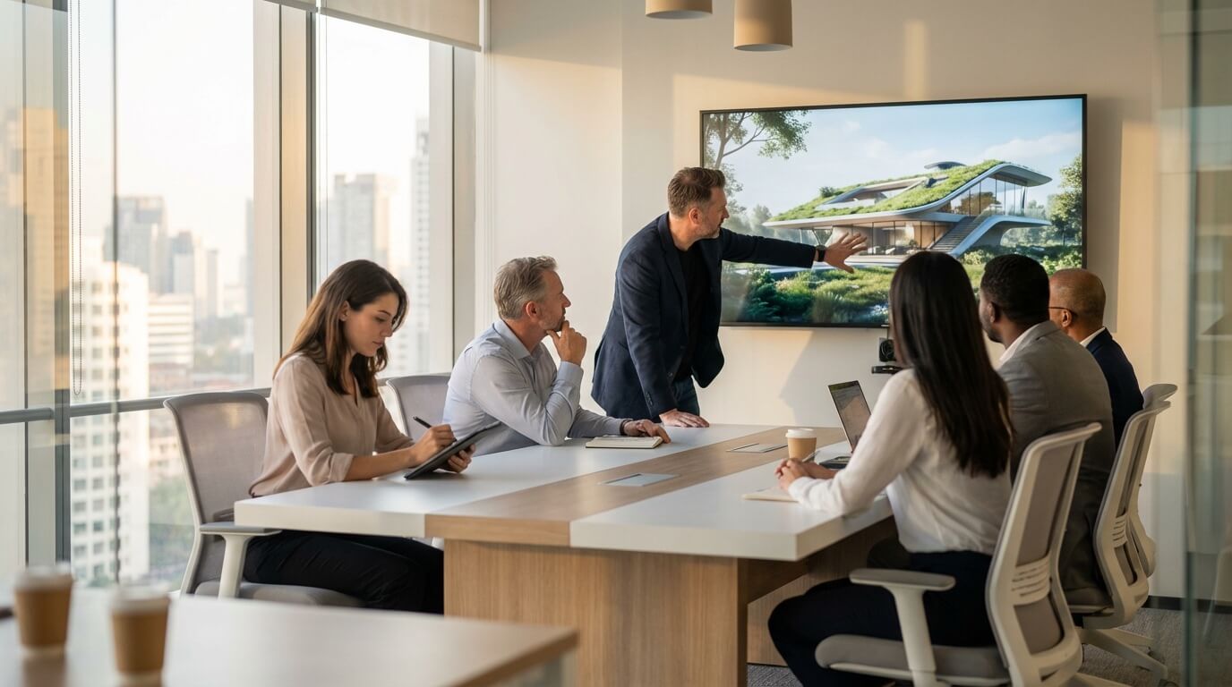 Client presentation meeting showing AI visualizations on screen