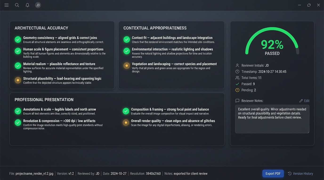 Quality control checklist for AI-generated architectural imagery