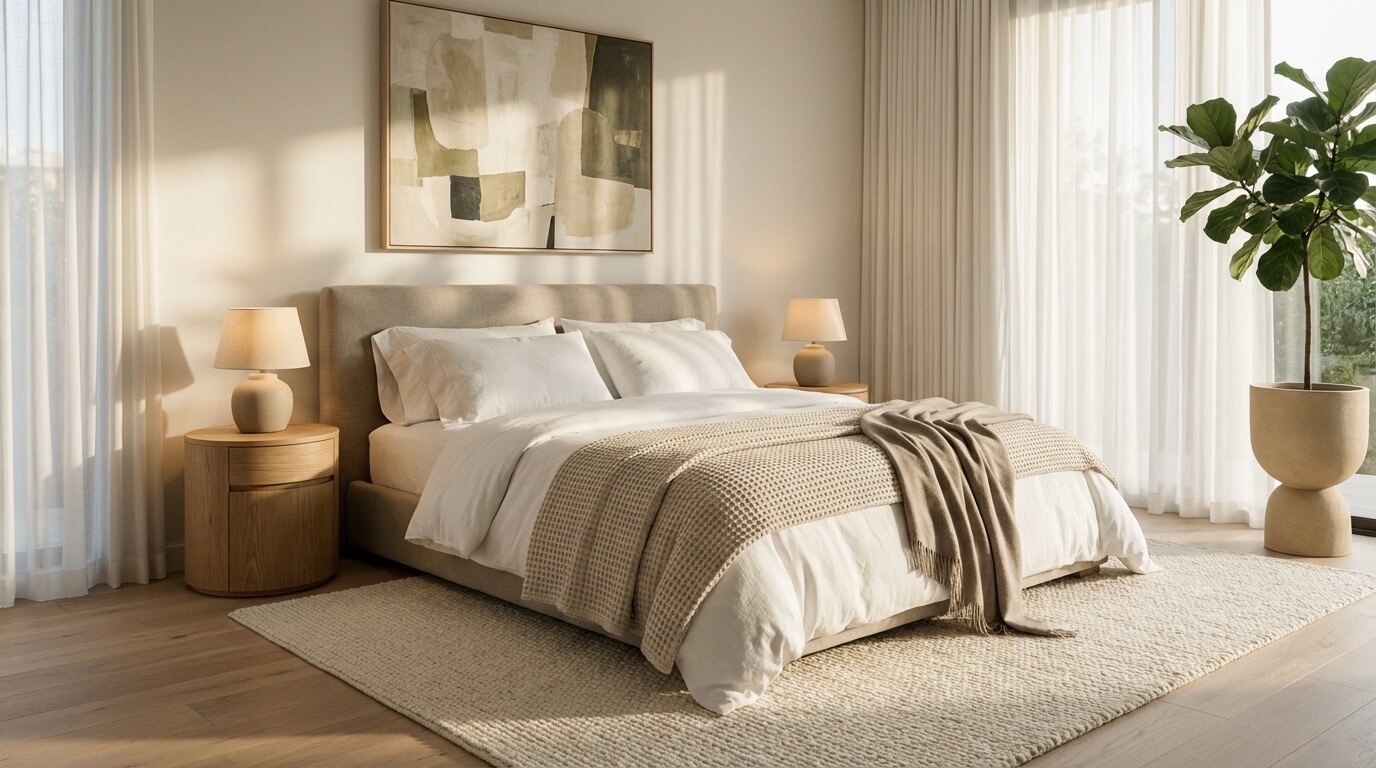 Serene master bedroom with calming neutral palette and soft morning light