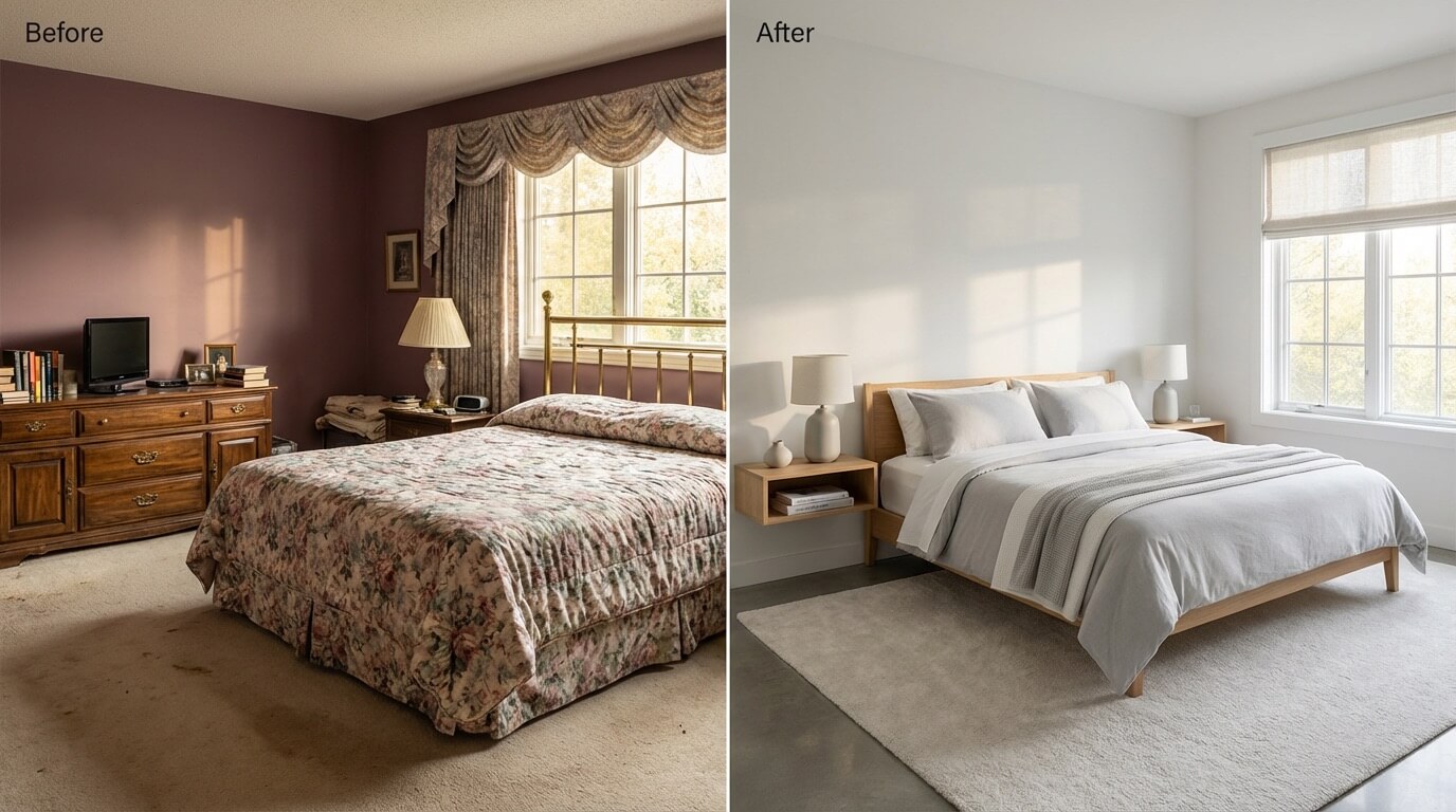 Before and after bedroom transformation from dated to modern serene