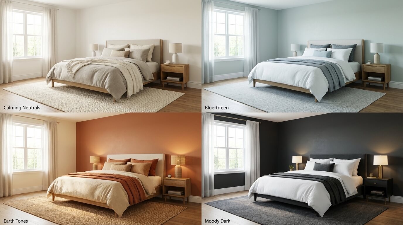 Same bedroom shown in four different color palettes