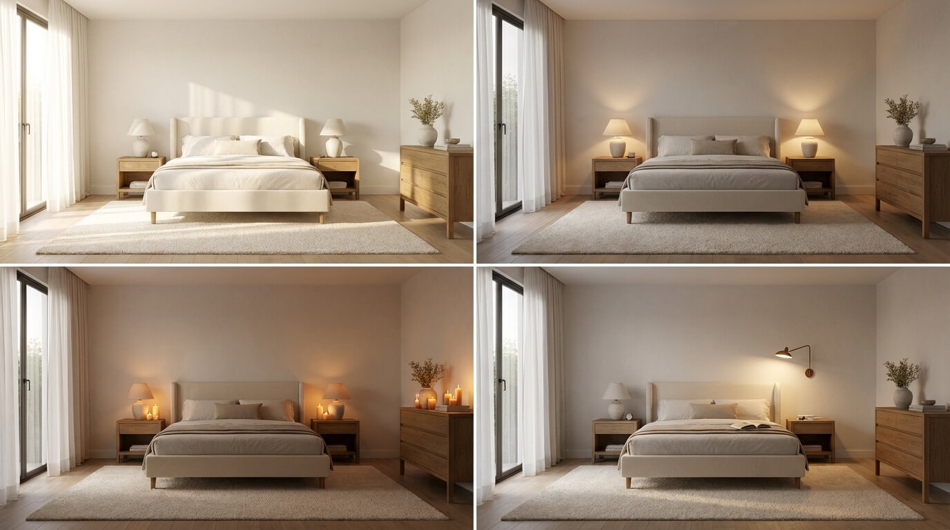 Bedroom shown in four different lighting scenarios