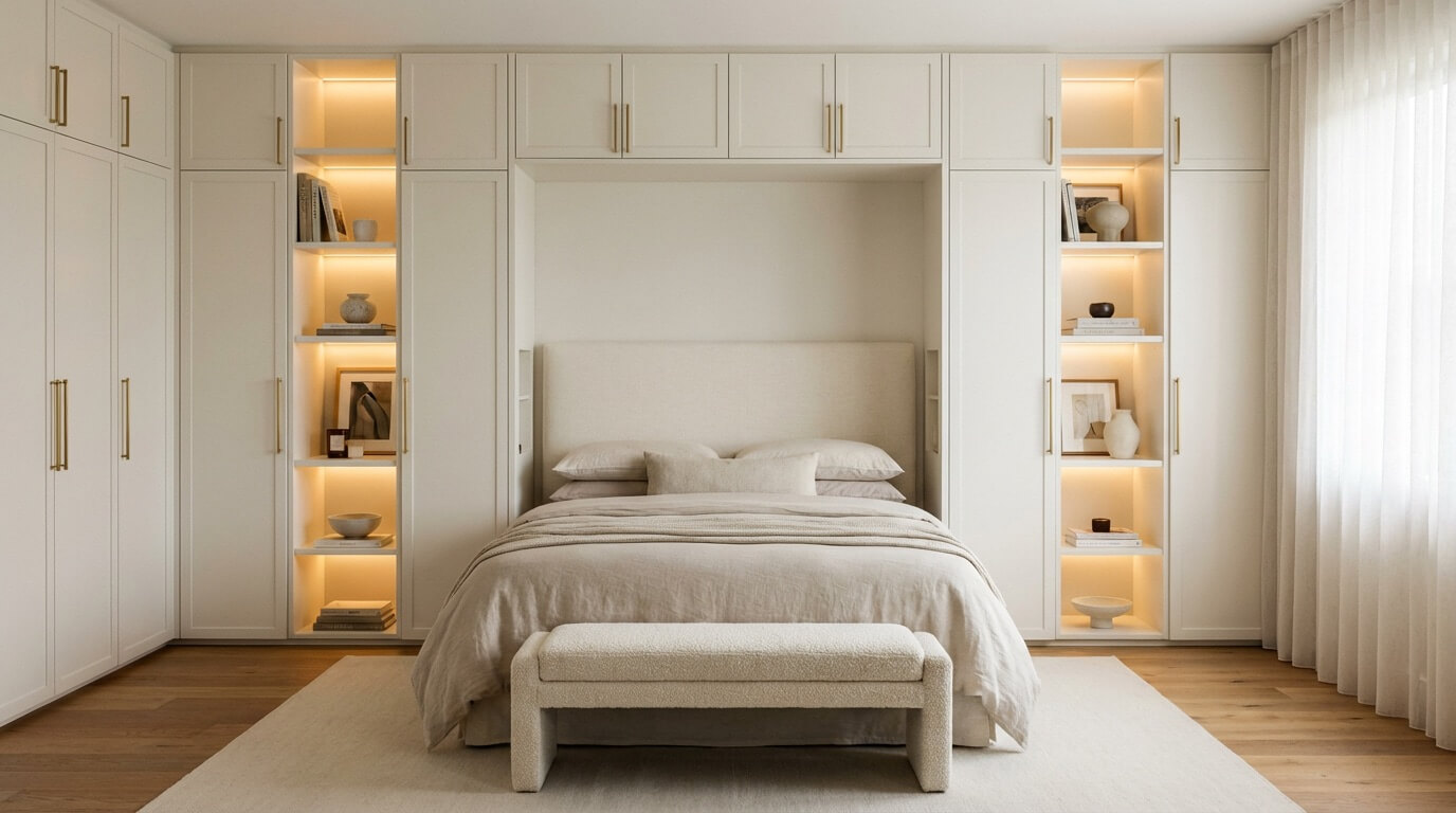 Master bedroom with elegant built-in storage solutions