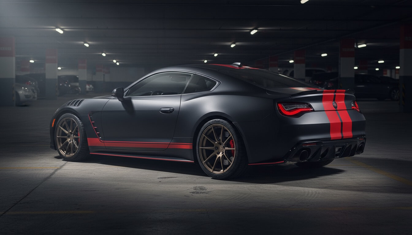 Sports car with matte black wrap and red accent stripes following body lines