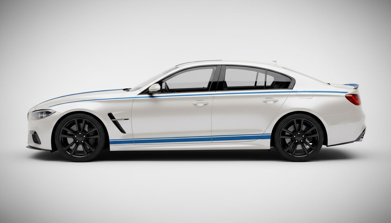 Performance sedan with white base wrap and blue racing stripes