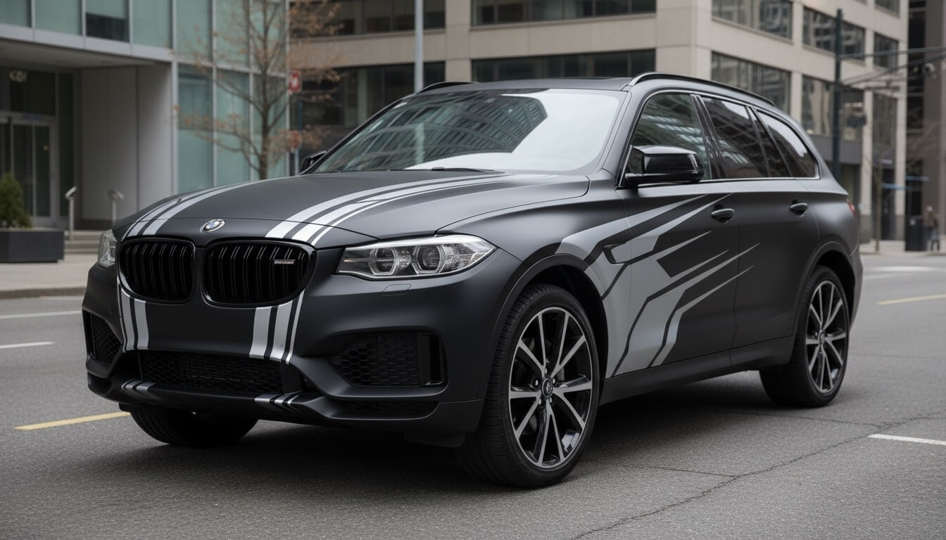 SUV with geometric pattern wrap design in black and silver