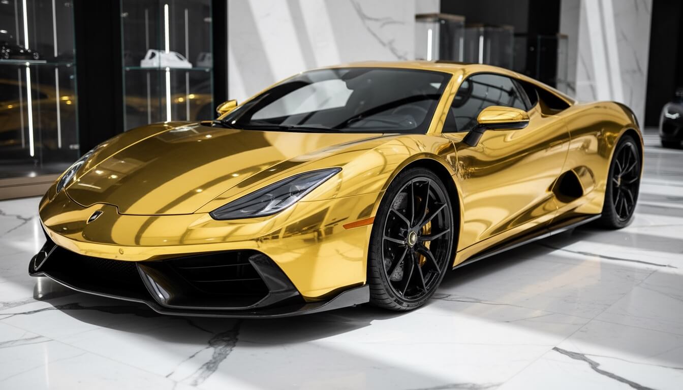 Luxury sports car with chrome gold wrap in showroom environment