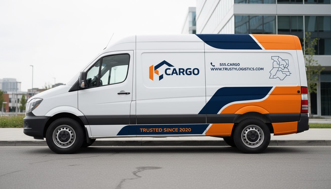 Commercial van with company branding wrap in business setting