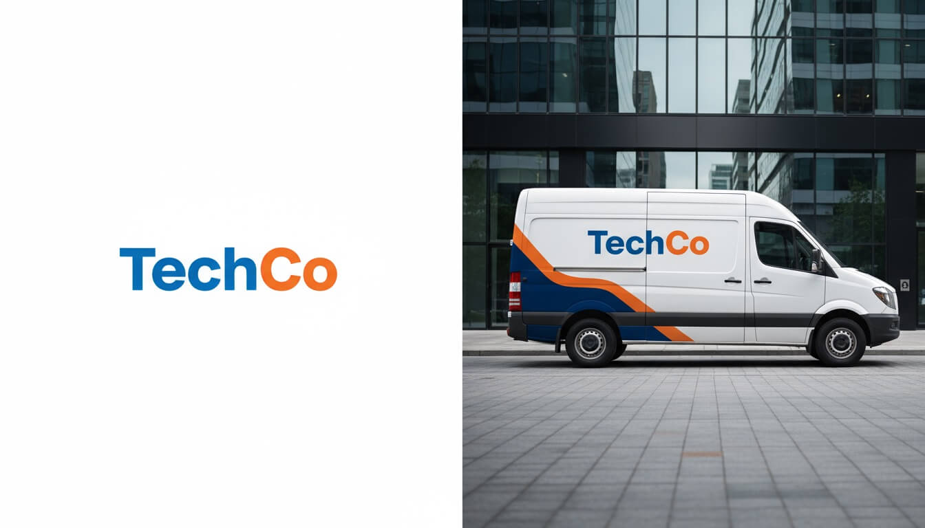 Split view showing company logo input and resulting wrapped vehicle