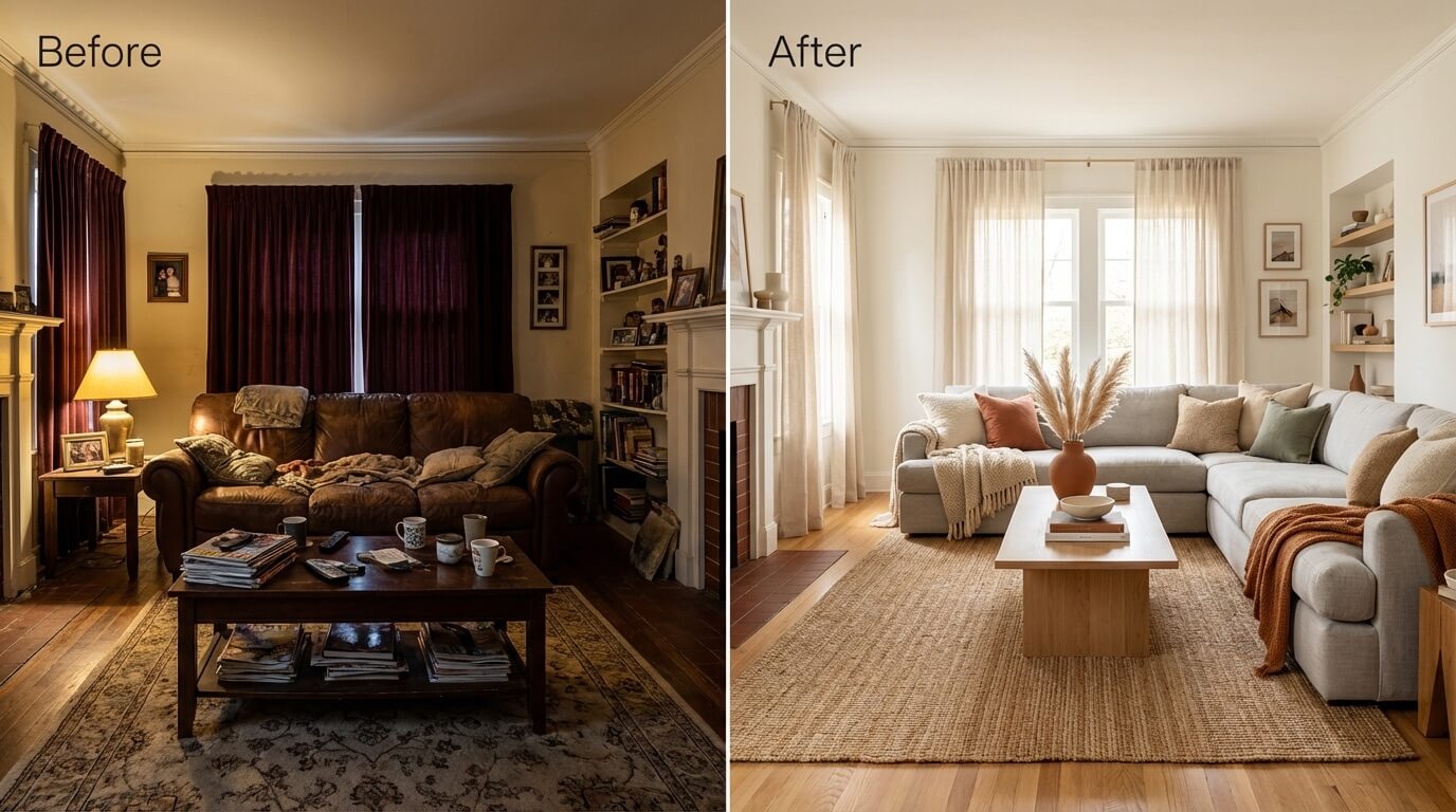 Before and after showing AI decorator transformation of dated living room