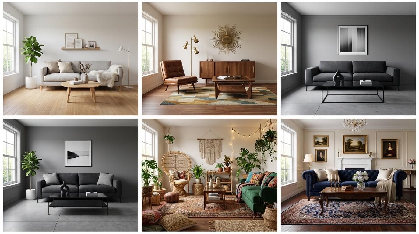 Grid showing same room decorated in five different styles for comparison
