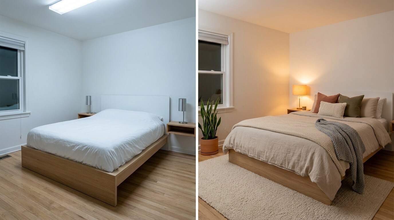 Bedroom transformation showing cold space made cozy