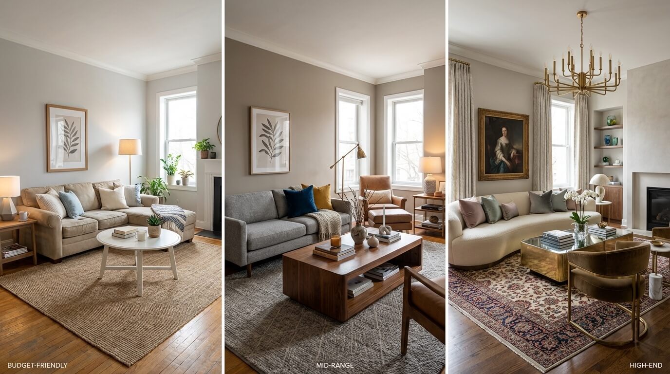 Same room shown at three different budget levels