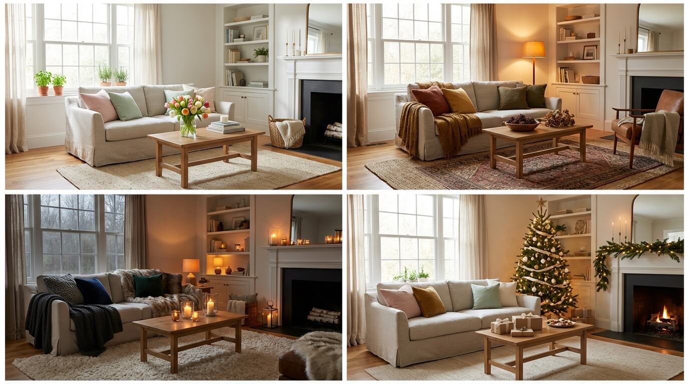 Living room styled for different seasons and holidays