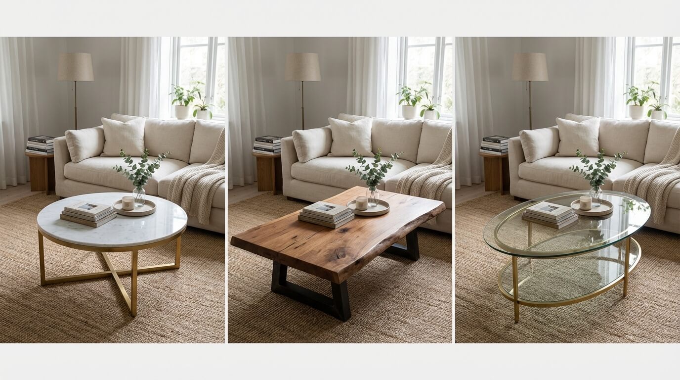 Three variations of same room with different coffee tables