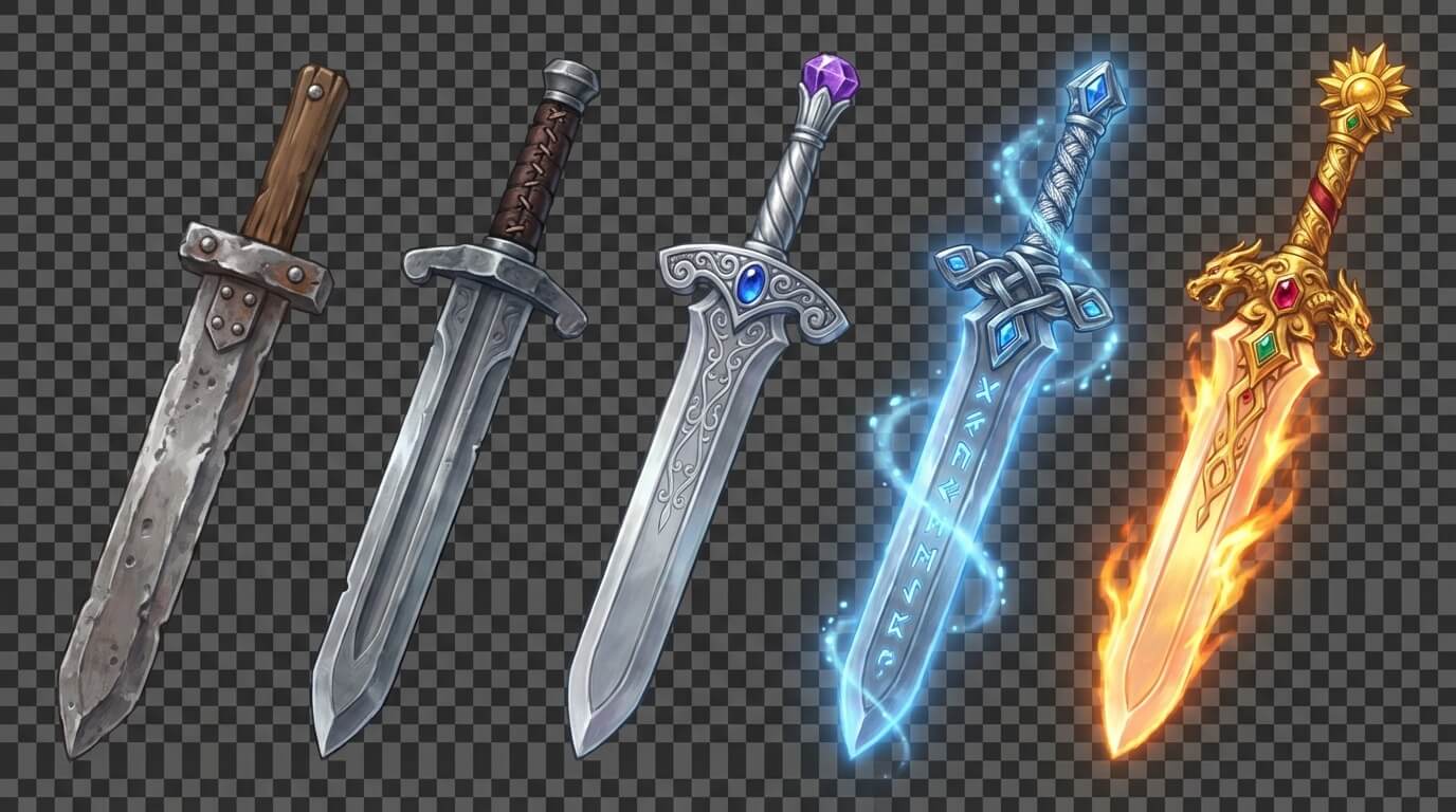 Game asset variations showing weapons, potions, and treasure chests