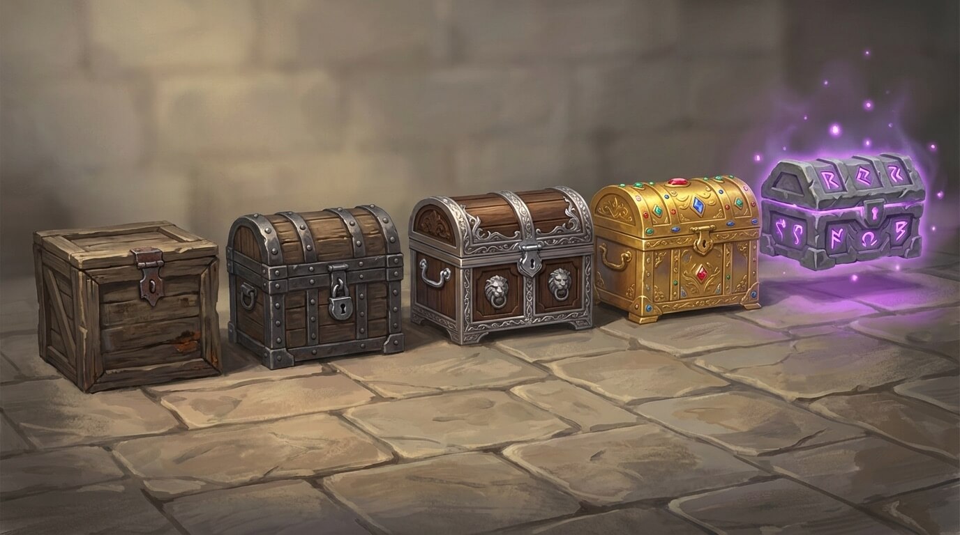 Treasure chest variations from common to legendary