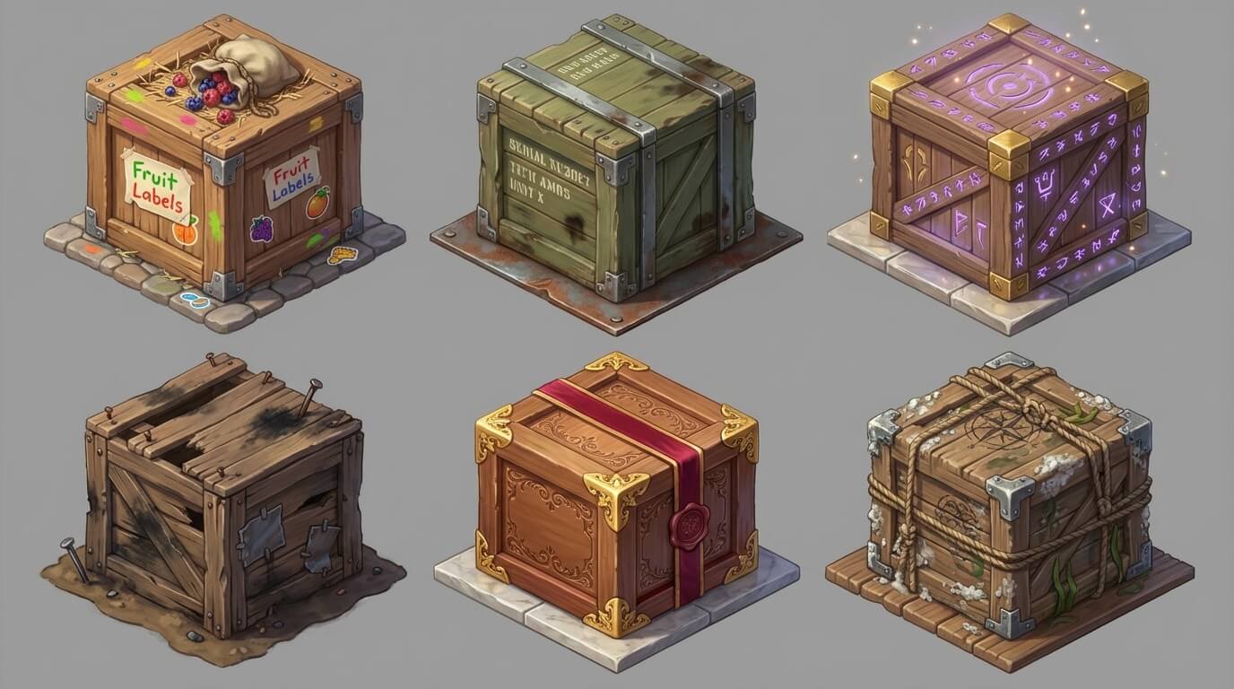 Environmental prop variations showing themed crates