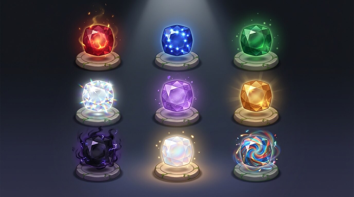 Gemstone collectible variations with different magical effects