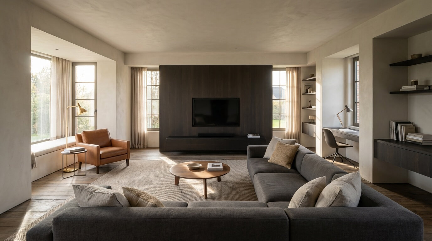 Spacious modern living room with multiple functional zones