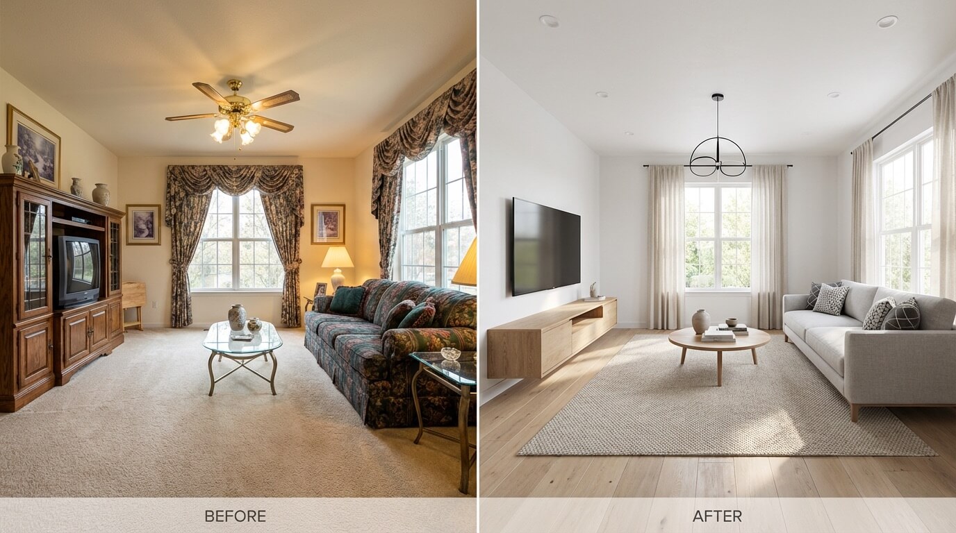 Before and after transformation of dated living room to modern minimalist