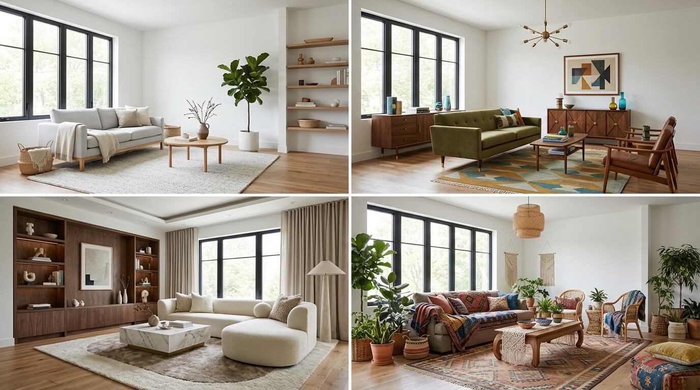 Grid showing same living room in four different styles: Scandinavian, Mid-century, Contemporary, Bohemian