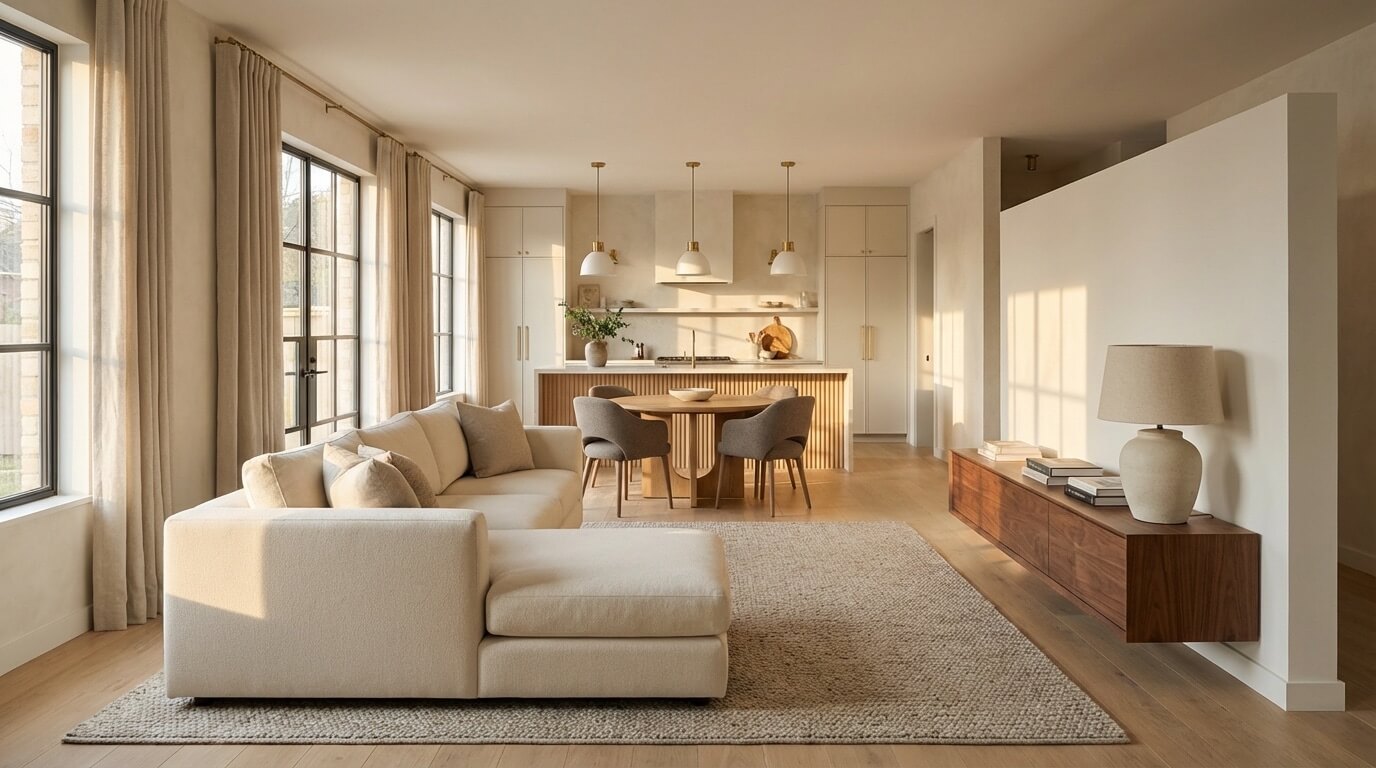 Open concept living space with clearly defined zones