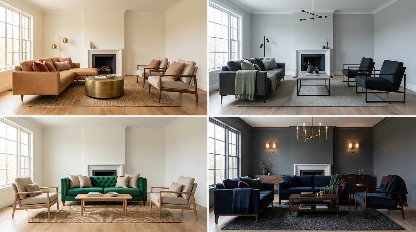 Same living room shown in four different color palettes