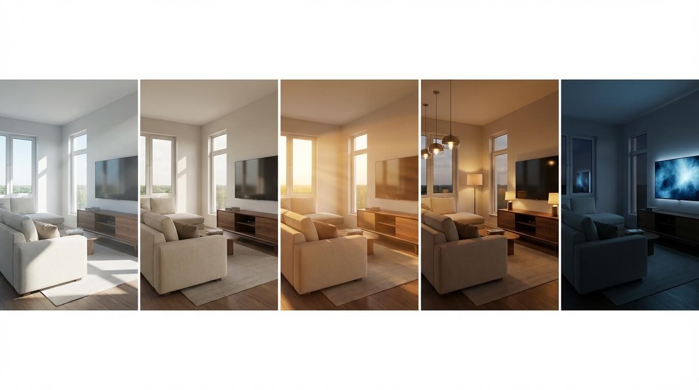 Living room shown in five different lighting scenarios throughout the day