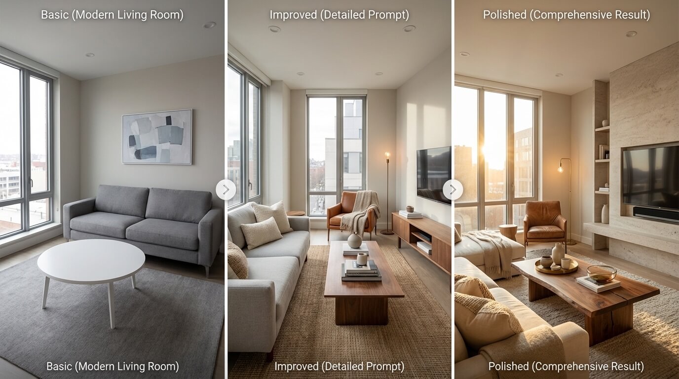 Progression showing prompt refinement from basic to detailed with corresponding visualizations
