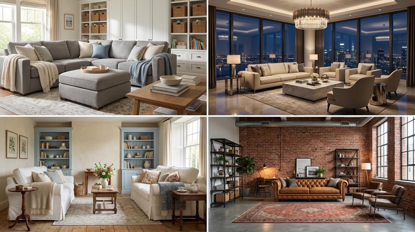 Collage showing four different living room styles: family room, penthouse, cottage, loft