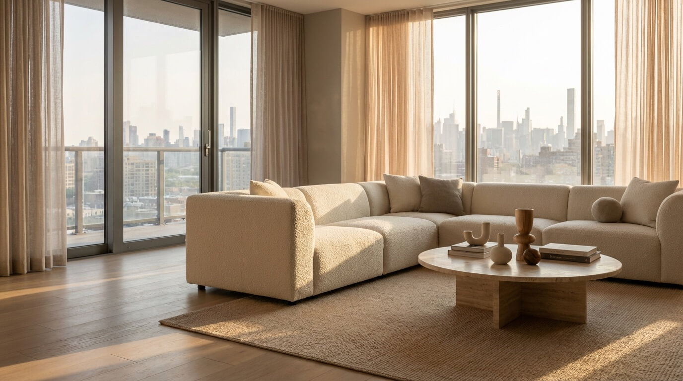 Modern living room generated with AI showing natural materials and soft lighting