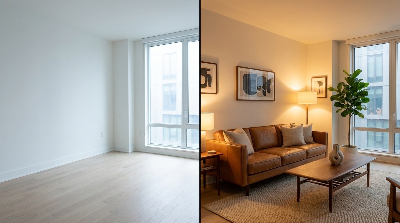 Before and after comparison showing empty room transformed into styled living space
