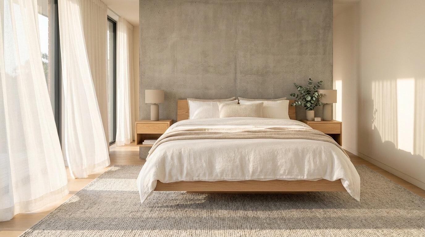 Minimalist Scandinavian bedroom with natural morning light