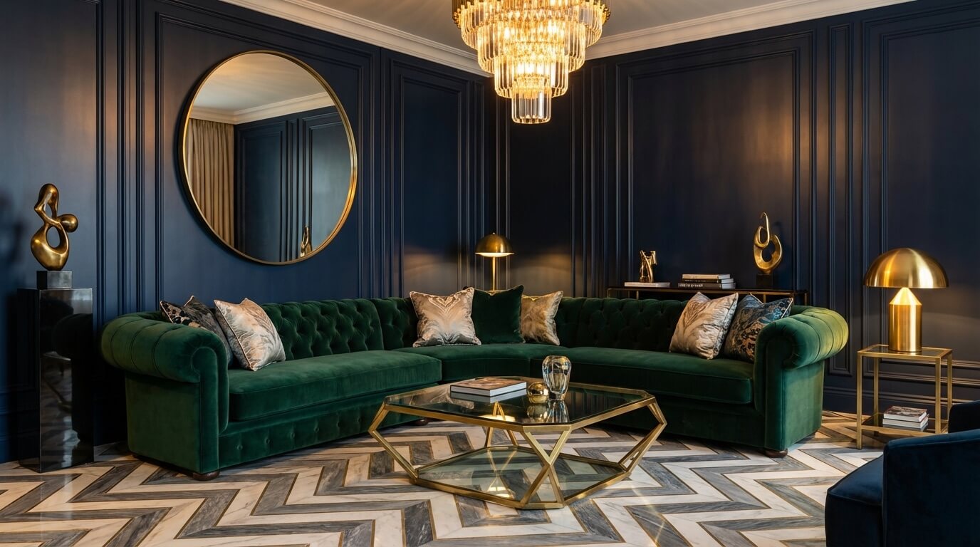 Art deco living room transformation with velvet and brass