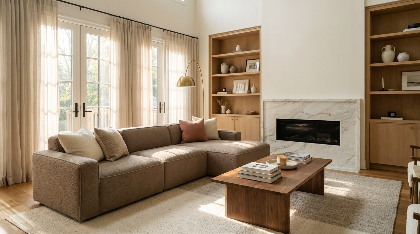 Cozy contemporary living room with built-in bookshelves and fireplace