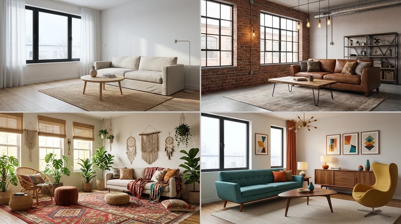 Grid showing same living room in four different interior design styles