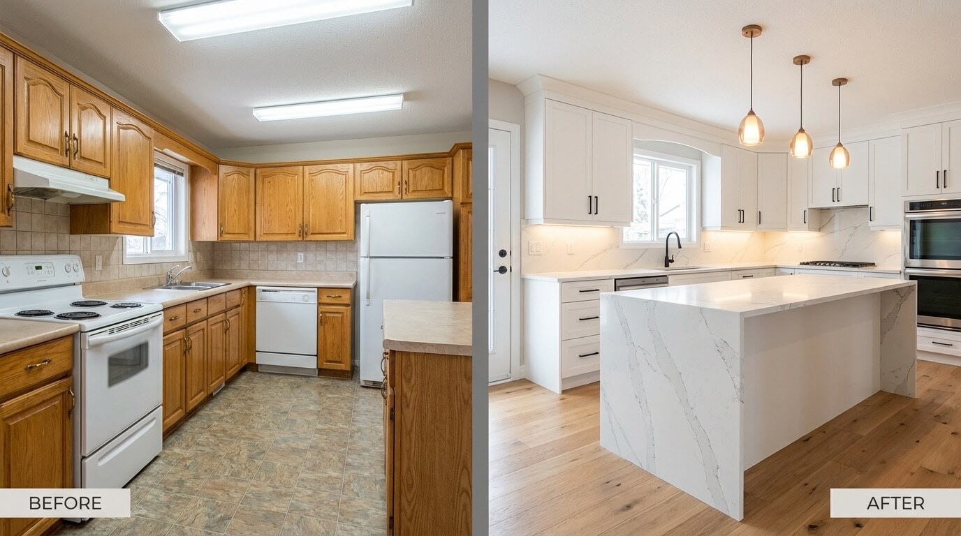 Before and after renovation concept showing dated kitchen transformed to modern