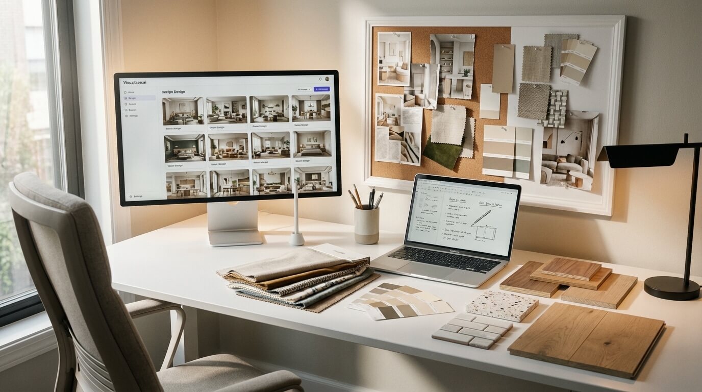 Designer workspace with AI room design tool on screen showing multiple concepts