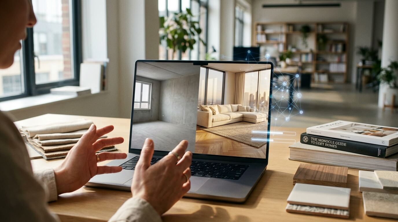 Professional interior designer using AI room designer tool on laptop showing before and after transformation