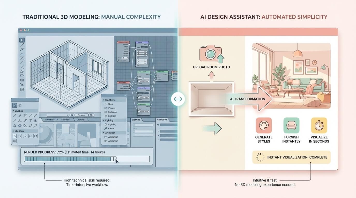 Split screen showing traditional 3D modeling workflow versus AI room designer workflow