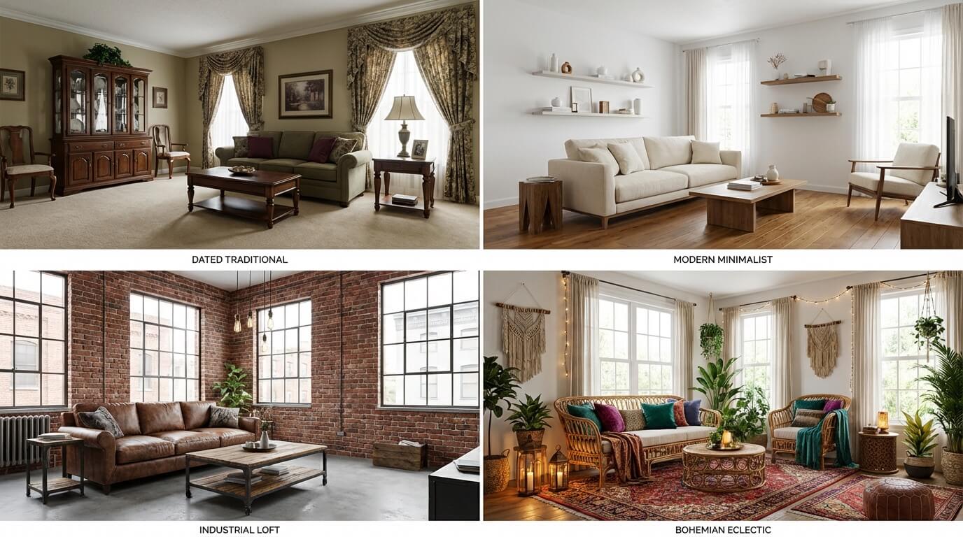 Four-panel transformation showing same room photo converted to different styles