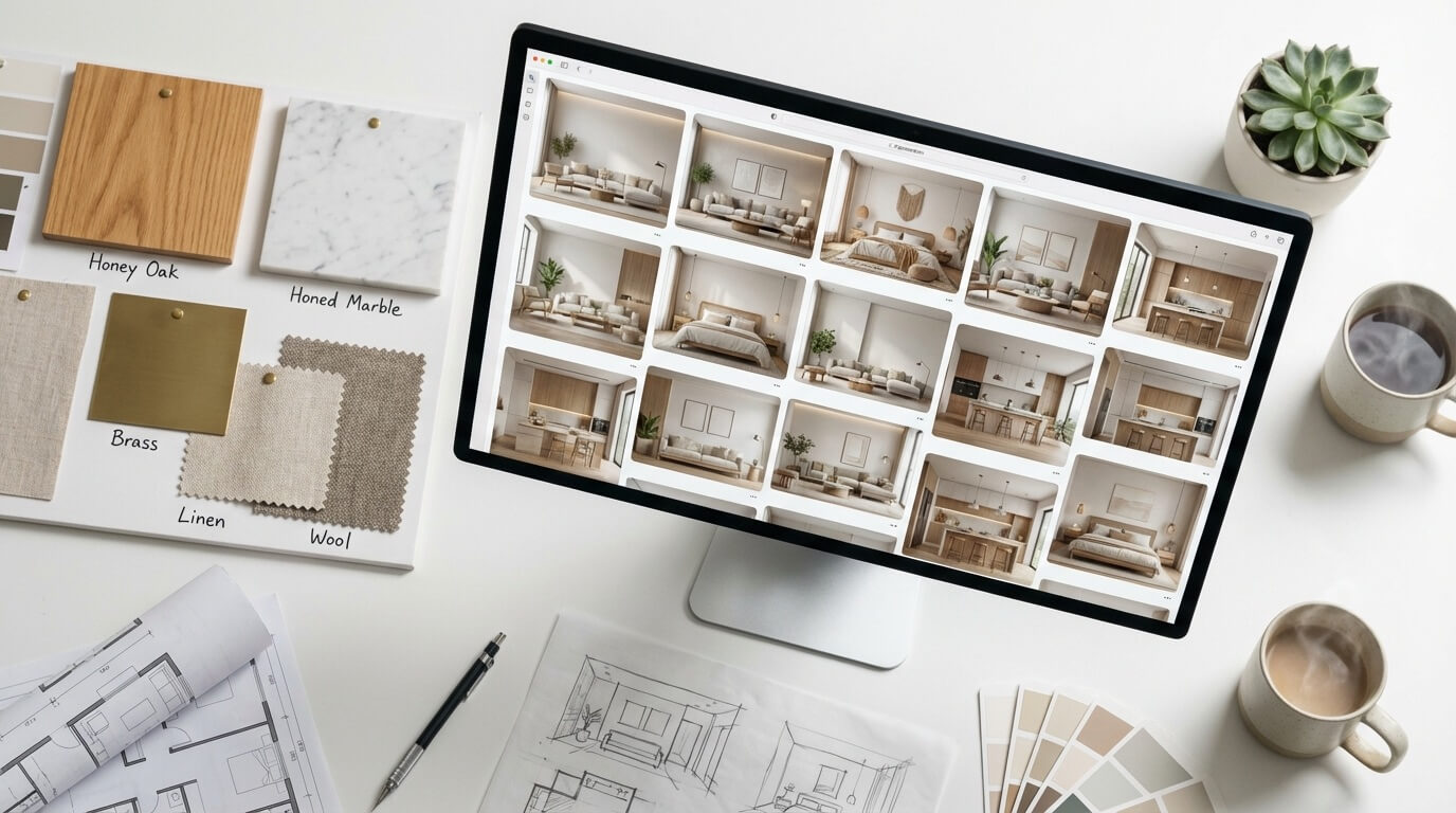 Designer workspace showing mood board with AI-generated room concepts